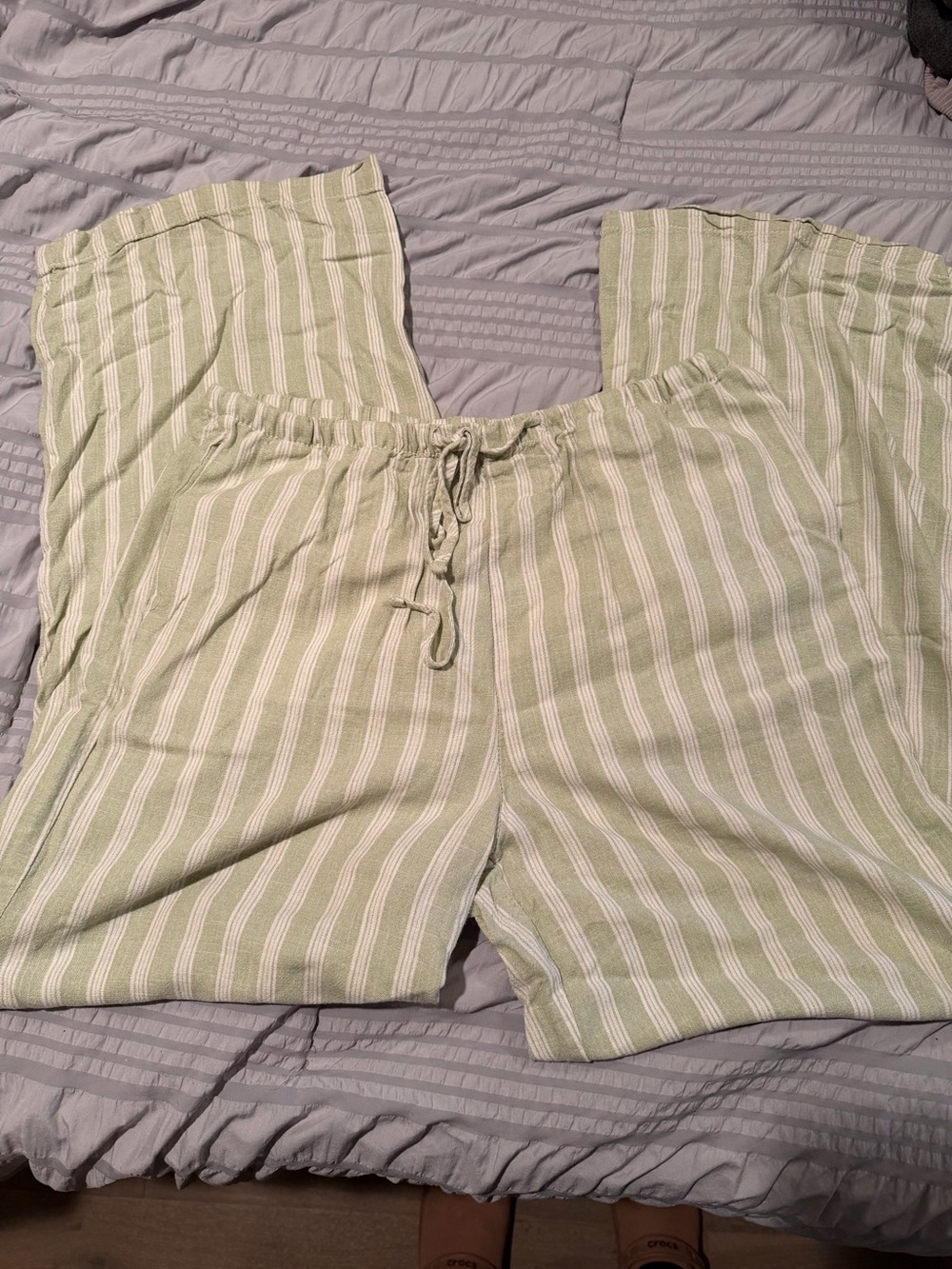 Casual Light Green Striped Pants with Drawstring